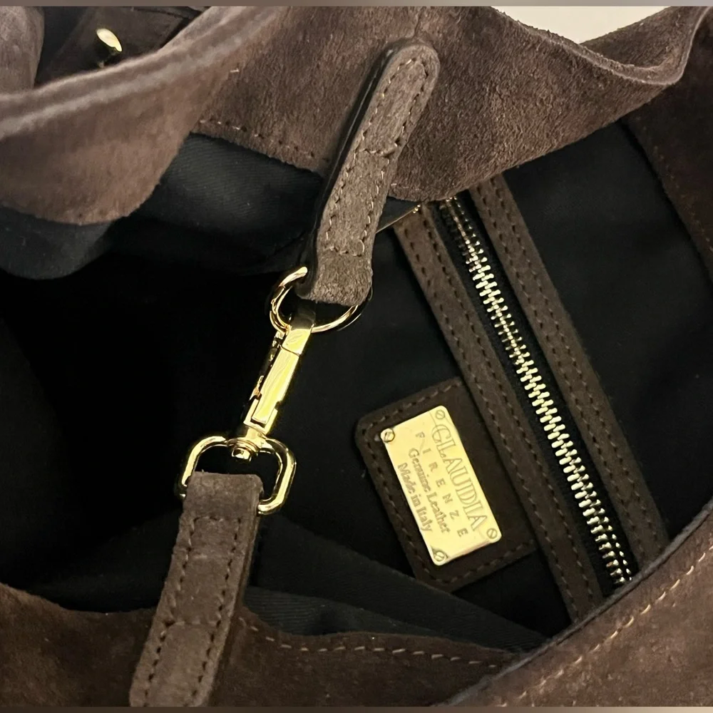 Claudia Firenze Hobo Shoulder Bag Chocolate Brown Suede Studs - Picture 7 of 16